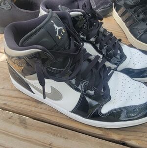 Jordan Air high-top sneakers in black, white, and silver-11.5 Size